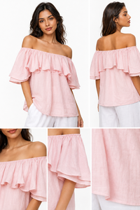 Trendy Bohemian <b>Off</b>-<b>Shoulder</b> Blouse Wide Leg Trouser Set | Breathable Cotton Linen Summer Co-ord Set | Wholesale Women Vacation - Product Image 4