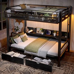 Letto a Castello in Metallo con Ripiani Portaoggetti e Luci LED, Porte USB Multifunzionali, Modello Inferiore B - Product Image 2
