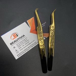 แหนบต่อขนตาสแตนเลสพร้อมปลายแหลมแหนบปลายแหลมแบบโค้งสีดำ90องศาชุบทอง - Product Image 4