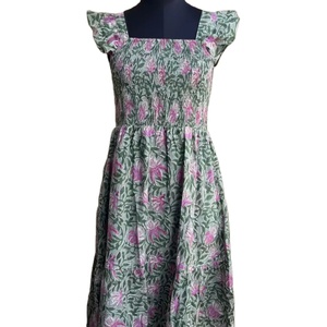 Robe longue en coton indien imprimé bloc à la main col carré motif floral Style décontracté robe sans manches à bretelles réglables - Product Image 1