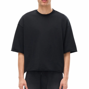 เสื้อยืดแขนยาวทรงโอเวอร์ไซส์สีดำสำหรับผู้ชาย คอกลม ผ้าถัก สีพื้น ดีไซน์เรียบง่าย ใส่สบาย ผ้าฝ้าย 100% น้ำหนัก 220 กรัม ย้อมสีพื้น - Product Image 1