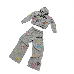 Ensembles pour hommes grande taille Fizay Enterprises, en molleton vintage, coupe courte, surdimensionnée, avec strass personnalisés, effet délavé à l'acide, fermeture éclair et déchirures, style streetwear - Product Image 1