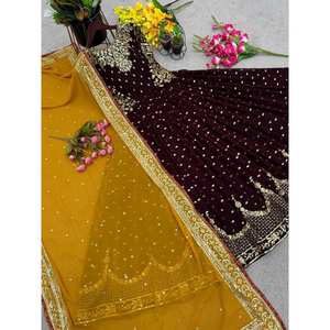 Robe de soirée en georgette brodée avec sequins et dupatta (couleur café) - Product Image 2