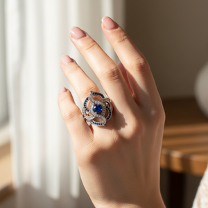 Bague de soirée en saphir bleu et diamants, or blanc 14 carats, 0,40 carats au total |   Bague Statement en Pierre Précieuse, Bijou de Luxe de Créateur, Cadeau pour Femme - Product Image 1