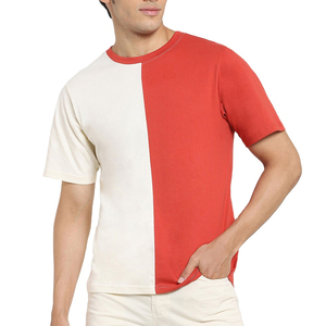 T-shirt homme color block à manches courtes, col rond, coupe classique, décontracté, tricoté, rouge et blanc, design uni - Product Image 3