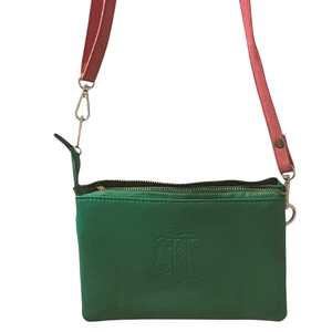 Bolso Bandolera de Cuero AKA Sorority con Emblema Grabado, Bolso de Hombro de Piel Sintética Rosa y Verde, Bolso de Moda - Product Image 1