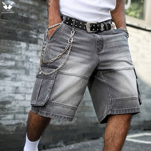 Pantalones Cortos Cargo de Mezclilla Gris Lavado Ácido para Hombre, al por Mayor, con Logotipo Personalizado, Estilo Urbano, Holgados, Hip Hop, de Pierna Ancha, Desgastados - Product Image 3