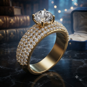 Yellow Gold Round Cut Diamond Engagement Ring for Women Wide Pave Band Luxury Wedding Promise Anniversary Ring - Product Image 1