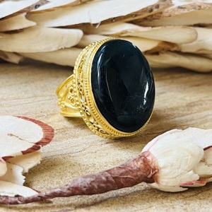 New Arrival Black Onyx Statement Boho Brass <b>Ring</b> For Women 18k Gold Plated Floral Filigree <b>Ring</b> <b>Chunky</b> Handmade Wholesale <b>Ring</b> - Product Image 1