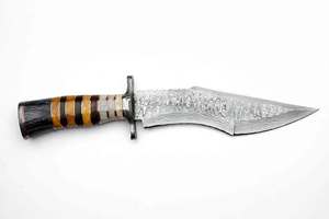 Cuchillo utilitario de punta caída de acero de Damasco con patrón artesanal, mango de hueso y cuerno apilados, pieza de exhibición ejecutiva DIY OEM - Product Image 3