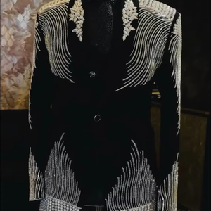Men’s Black Tuxedo Blazer with <b>Sequin</b> Embroidered Shoulder Designer Wedding Party Suit <b>Jacket</b> with Shawl Lapel - Product Image 1