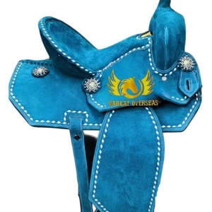 Silla de montar western de cuero turquesa y gamuza blanca con costuras reforzadas, duradera, portátil, con asiento acolchado suave. - Product Image 1
