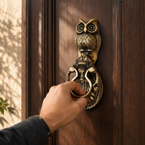 SHUBHAM Sonnette de porte en laiton en forme de hibou, style Art Déco, faite à la main, moulée sous pression, anneau décoratif, poignée de frappe, finition antique pour entrée de maison - Product Image 3