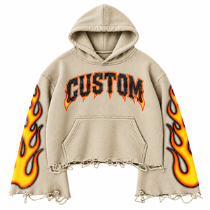 Sweat à capuche en molleton éponge français imprimé sur mesure, coupe oversize courte, manches flamboyantes, streetwear, pull en polyester tricoté pour homme - Product Image 1