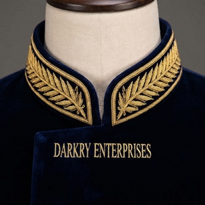 Custom Handmade Gold Bullion Wire Embroidery Stand Up Collar Dark Blue Knot <b>Wheat</b> Pattern Manufacturer Service - Product Image 4