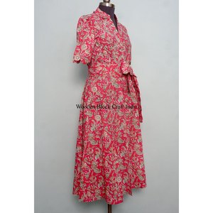 Belle robe décontractée à manches courtes Kangura, fabriquée à la main en Inde, en coton, pour femmes, robe de soirée, robe imprimée à la main. - Product Image 5