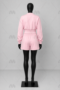 Ensemble de survêtement en coton tricoté rose pour femme, broderie machine, haut à manches longues boutonné, short décontracté, couleur unie, séchage rapide - Product Image 5