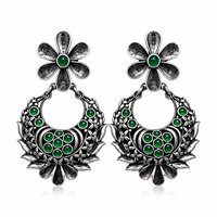Boucles d'oreilles pendantes classiques en argent oxydé motif fleur, onyx, bijoux traditionnels pour femmes, vente en gros directe usine
