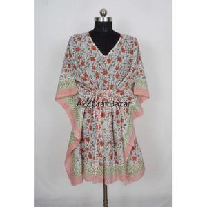 Robe Kaftan Midi Femme 100% Coton Faite à la Main, Col V, Motif Floral Vintage Romantique, Manches Courtes, Légère, Printemps - Product Image 4