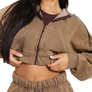 Chándal de gran tamaño para mujer, Sudadera con capucha de algodón con cremallera recortada y bolsillos Cargo, pantalones deportivos marrones acampanados, conjunto de 2 piezas, sudadera para mujer 2026 - Product Image 2