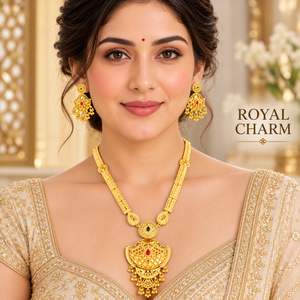 Elegante Conjunto de Collar Largo de Cobre y Latón con Baño de Oro de 24K, Pendientes con Colgante de Abanico, Joyería Nupcial India para Mujer - Product Image 4