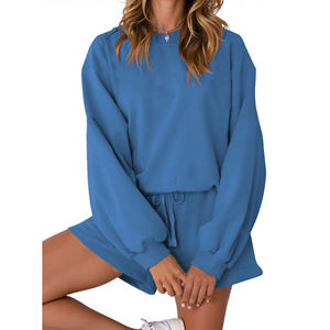 Conjuntos de mujer, top de manga larga extragrande y pantalones cortos de cintura alta, conjunto deportivo de 2 piezas de secado rápido y ecológico para mujer - Product Image 1