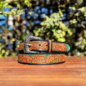 Ceinture Western vintage en cuir sculpté à la main avec boucle à ardillon en laiton et motif Paisley, ceinture de cowboy en cuir d'Argentine - Product Image 1