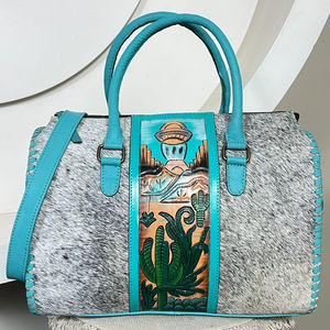 Premium Turquoise <b>Tooled</b> Cowhide <b>Leather</b> Large Speedy Bags Luxury Western Designer Crossbody Weekender Travel Unisex Duffel Bags - Product Image 4