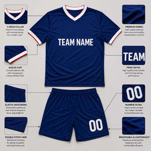 Maillot de football bleu pour homme, col en V, manches courtes, personnalisable avec le nom de l'équipe, ensemble uniforme en polyester anti-humidité avec poches - Product Image 6
