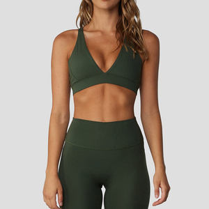 Women Deep V-<b>Neck</b> <b>Halter</b> Sports <b>Bra</b> Medium Support Seamless Yoga Fitness Workout Top Solid Green - Product Image 1