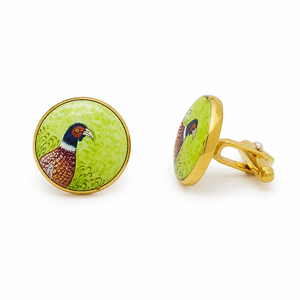 Handmade Enamel Brass <b>Cufflinks</b> – Pheasant Portrait Design, Lime Green Base Gold Tone Finish - Product Image 1