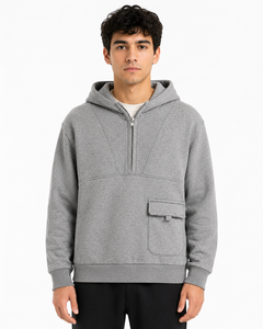 Sudadera con capucha premium para hombre, de invierno, ecológica, gris melange, con media cremallera, bolsillo utilitario, forro polar de algodón, estilo casual. - Product Image 1