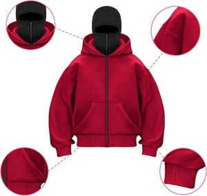 Sweat-shirt unisexe à capuche en polaire rouge surdimensionné avec motif masque, coupe-vent, 100 % coton, anti-boulochage, streetwear, vêtements d'hiver - Product Image 1