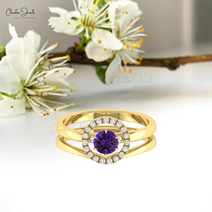 Anillo Apilable de Amatista Africana de 5mm con Corte Redondo y Halo de Diamantes en Oro Sólido de 14k de Proveedor Mayorista - Product Image 5