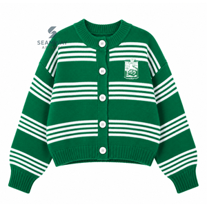 Cardigan en tricot rayé pour femme Iota Phi Lambda Sorority, boutonné, manches longues, col rond, vert et blanc, brodé, pull décontracté - Product Image 1