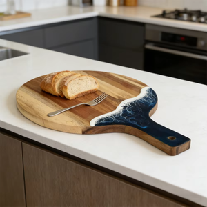 Planche à découper en bois de forme rectangulaire avec incrustation en résine, motif bleu, design de poignée, ensemble combiné - Product Image 5