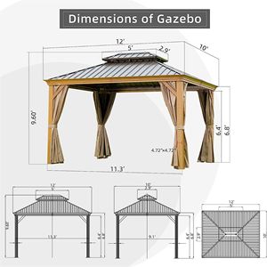Gazebo de Aluminio con Techo Rígido de 10' x 12', Revestimiento de Madera, Acero Galvanizado, Techo Doble, Pérgola Metálica Permanente para Exteriores - Product Image 6