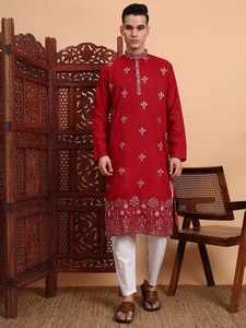 Kurta de Algodón para Hombre de NiMa Creations, Diseño Bordado, Corte Regular, Largo hasta la Rodilla, Estilo Tradicional Indio Pakistaní para Bodas y Fiestas - Product Image 1