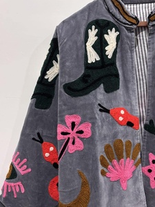 Casual <b>Dresses</b> Boho Velvet Jacket With Hand Embroidery Pattern Full Sleeve Loose Fit Crew Neck <b>All</b> Seasons Wear - Product Image 3