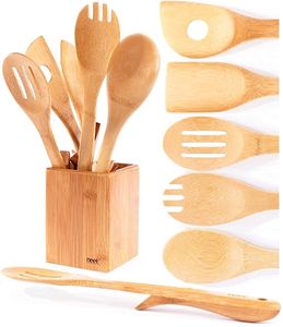 Ensemble de cuillères en bois naturel rustique avec spatule de cuisine, louche, spatule à retourner et cuillère à mélanger pour la préparation des aliments en cuisine - Product Image 5