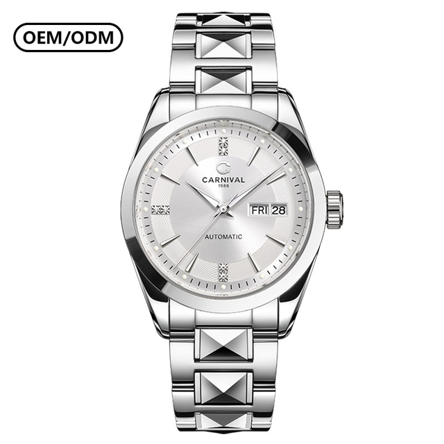 CARNIVAL Luxury Fashion & Business Stainless Steel Mechanical Watch 50m Water Resistance Butterfly Clasp Date Display