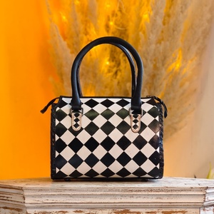 New Hand Tooled <b>Black</b> And White Diamond Checkered Pattern 100% Genuine Leather Material <b>Mini</b> Speedy Duffle <b>Bag</b> For Women's Carry - Product Image 1