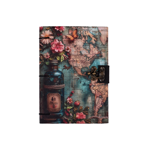 Journal vintage fait main avec cadenas et carte intégrée | Carnet de notes A5 sur le thème du voyage avec motif floral |   Journal de style antique pour écrire et offrir en cadeau - Product Image 1