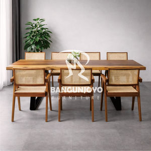 Teak Wood Dining Chairs Rattan Seats Backrests Suar Wood <b>Table</b> Iron <b>Legs</b>-Dining Room Set for Hotel Use Modern Minimalist Design - Product Image 3