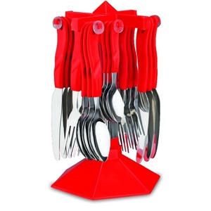 Vente chaude manche en bois ensemble de couverts en acier inoxydable couteau servir fourchette cuillère Portable 24 pièces vaisselle ensemble de vaisselle avec support - Product Image 1