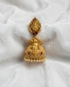 22K Solid Gold Temple Jhumka <b>Earrings</b> Lakshmi Motif Antique Finish Indian Wedding Jewelry Ruby Pearl <b>Drops</b> Party Gift - Product Image 2