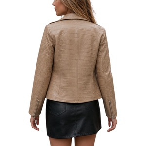Beige Crocodile Embossed Leather <b>Jacket</b>, Women’s Zip Up Casual <b>Biker</b> <b>Jacket</b>, Luxury Short Leather Coat, Chic Streetwear - Product Image 3