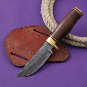 มีดล่าสัตว์/มีดปอกหนัง/มีดตั้งแคมป์ ใบมีดเหล็กดามัสกัส ด้ามไม้พะยูง ด้ามจับแบบซ่อน  รับผลิตตามแบบ OEM/ODM พร้อมปลอกหนัง - Product Image 1