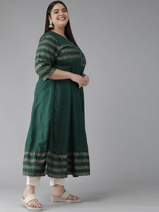 Kurti Anarkali Verde de Rayón con Estampado Floral, Talla Grande, Cuello Redondo, Manga Tres Cuartos, Vestido Étnico Informal Festivo para Mujer, Venta al Por Mayor - Product Image 2