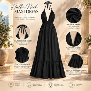 Black <b>Halter</b> Neck Maxi <b>Dress</b> for Women with Plunging V Neck | Sleeveless Flowy Long <b>Dress</b> for <b>Summer</b> Beach Parties and Vacations - Product Image 5